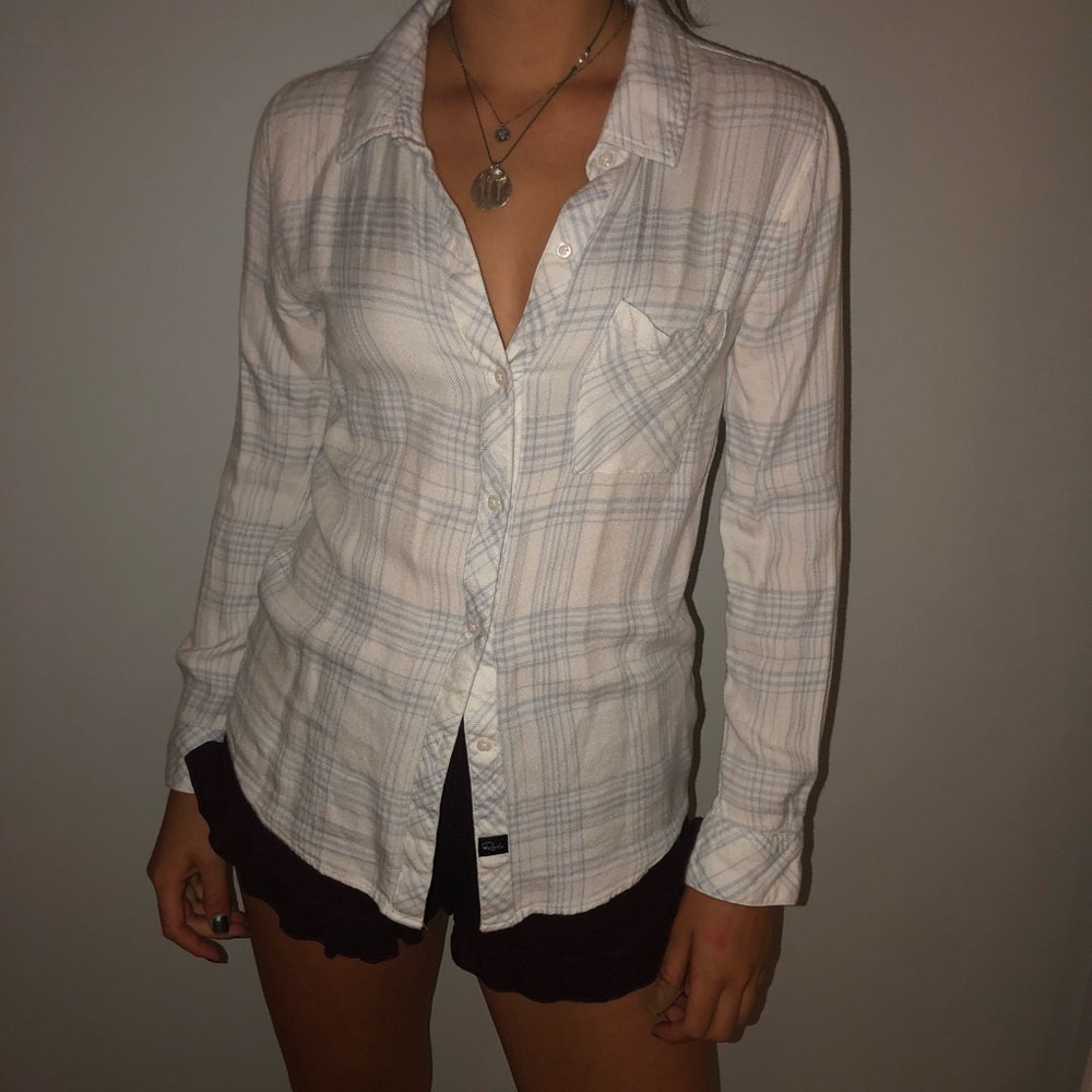 White and Blue Flannel Button-Down Shirt